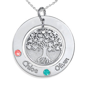 Personalized Round Family Tree Pendant with Two Birthstones   Names  Includes 18 Inch Chain