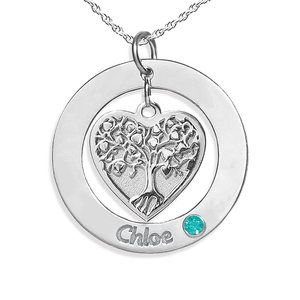 Personalized Heart Family Tree Pendant with Birthstone   Name  Includes 18 Inch Chain