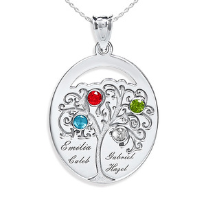 Personalized Family Tree Pendant with 4 Names and Birthstones  Includes 18 Inch Chain