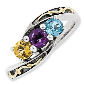 Sterling Silver   14k Three stone  Antiqued Mother s Ring