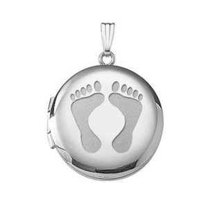 14k White Gold Footprints Round Photo Locket