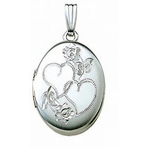 14k White Gold Double Heart Oval Photo Locket