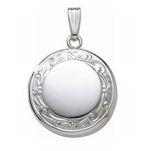 14k White Gold Floral Border Round Photo Locket