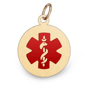 14k Yellow Gold Medical ID Round Charm or Pendant with Red Enamel