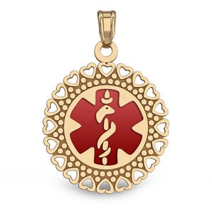 14k Yellow Gold Medical ID Round Charm or Pendant with Red Enamel