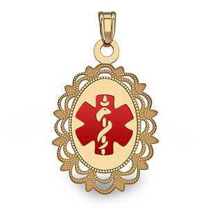 14k Yellow Gold Medical ID Oval Charm or Pendant with Red Enamel