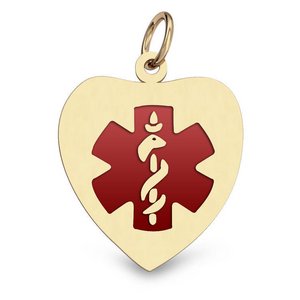 14K Filled Gold Medical ID Heart Charm or Pendant with Red Enamel