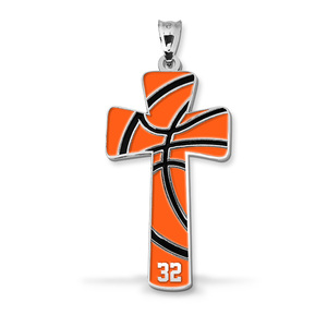 Basketball Stitch Enameled Cross Pendant w  Number