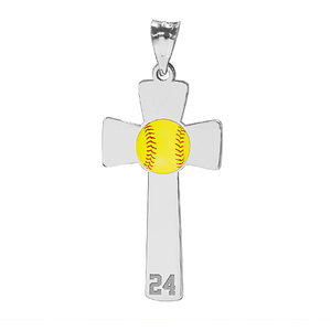 Softball Color Enameled Cross Pendant w  Number