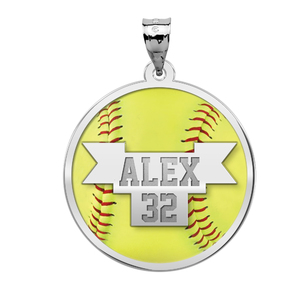 Color Enameled  Yellow Softball Pendant with Name   Number