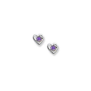 14K  White Gold Child s Genuine Amethyst  Heart  Birthstone Earrings