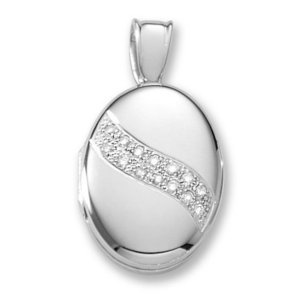 18k Premium Weight White Gold w  Diamond Sash Oval Locket