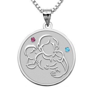 Mother with Son and Daughter   Round Pendant w  Birthstones