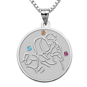 Mother with Three Daughters   Round Pendant with Birthstones