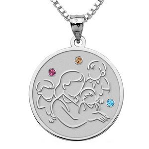 Mother with Three Sons   Round Pendant with Birthstones